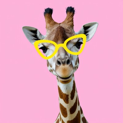 Giraffe wearing colorful glasses against pink background