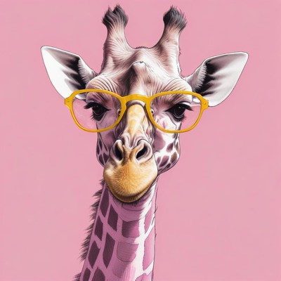 Giraffe in yellow glasses on pink background