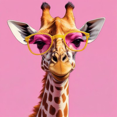Giraffe wearing colorful glasses against pink background