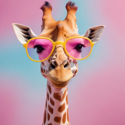 Stylish giraffe in sunglasses on vibrant backdrop