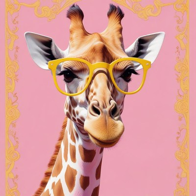 Giraffe wearing glasses against a vibrant pink background