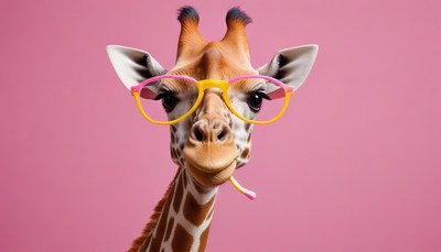 Giraffe wearing glasses with a colorful background
