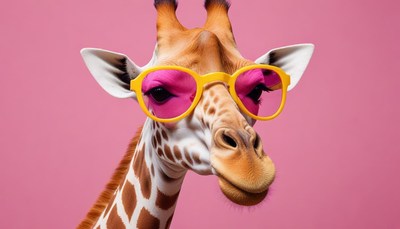 Giraffe wearing colorful sunglasses in playful pose