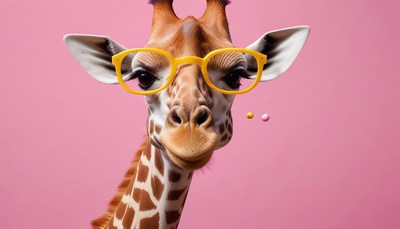 Glasses-wearing giraffe with a playful look on pink