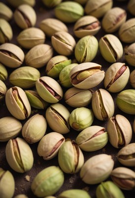 Pistachio nuts scattered on a flat surface