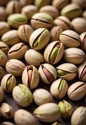 Pistachios in their shells arranged on a dark surface