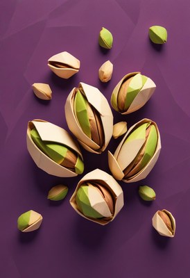 Colorful pistachio nuts arranged on purple background