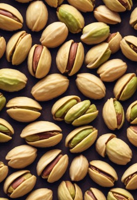 Pistachios arranged beautifully on a dark background