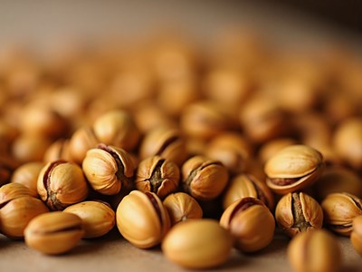 Golden seeds scattered on a textured surface