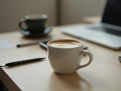 Warm coffee cup on a work desk with laptop
