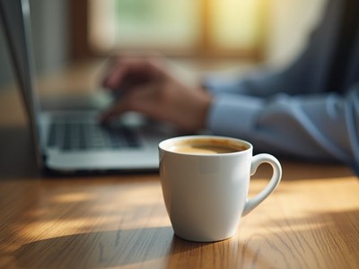 Enjoying coffee while working on a laptop in the morning