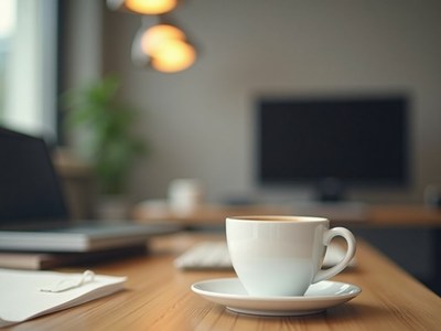 Coffee cup placed on a wooden table in a modern workspace