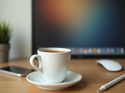 Coffee cup rests on wooden desk next to technology