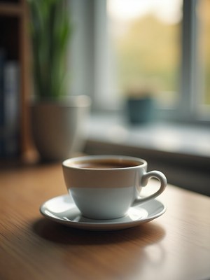 Morning coffee cup on a wooden table by the window