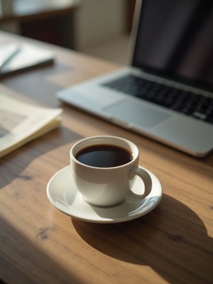 Morning coffee beside laptop at a cozy workspace