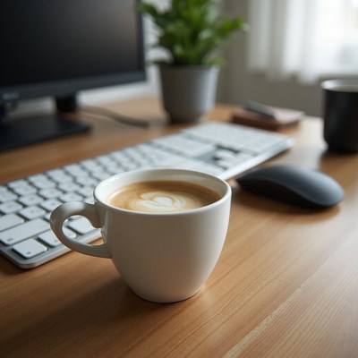 Morning coffee at a workspace with a computer setup