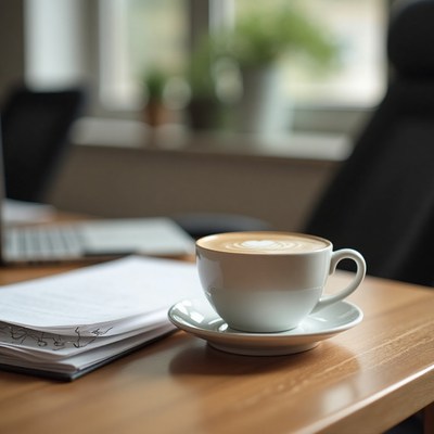 Coffee cup on a desk with notebook and laptop nearby