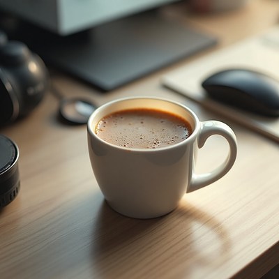 Morning coffee cup on a workspace table
