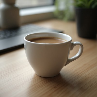Warm cup of coffee on a wooden desk with laptop nearby