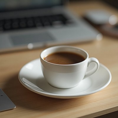 Coffee cup sits on a wooden table near a laptop