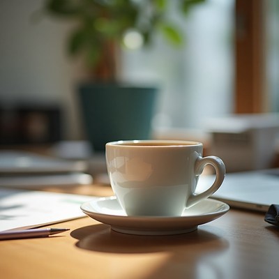 Morning coffee cup on a wooden table with sunlight