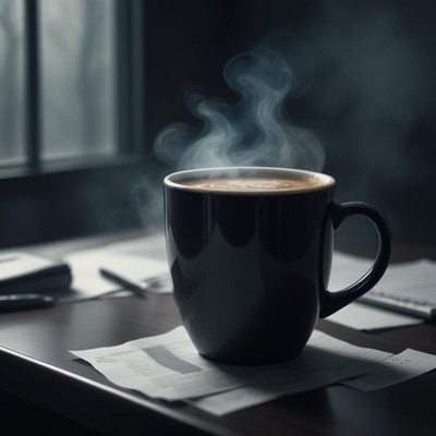 Warm coffee cup on a desk with paperwork and sunlight