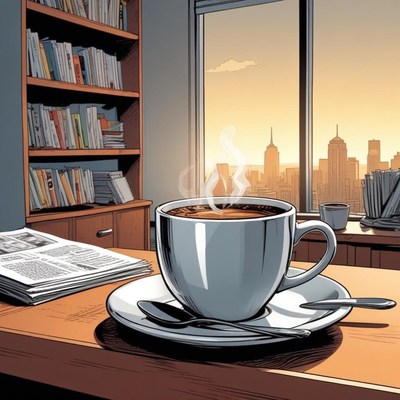 Coffee cup near window with city skyline at sunset