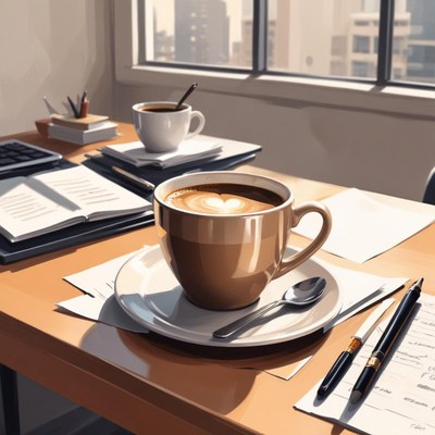 Cozy workspace with coffee and notes on the desk