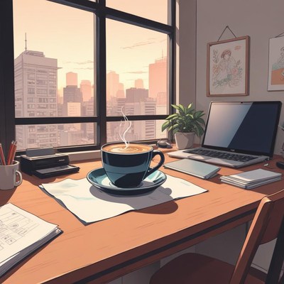 Cozy workspace with coffee and city skyline view