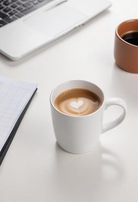 Coffee mug with latte art on a desk during work hours