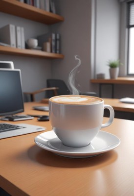 Steaming cup of coffee in modern workspace