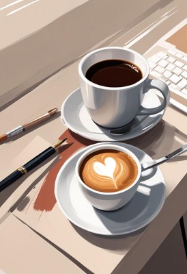 Warm beverages on a cozy desk with a modern touch