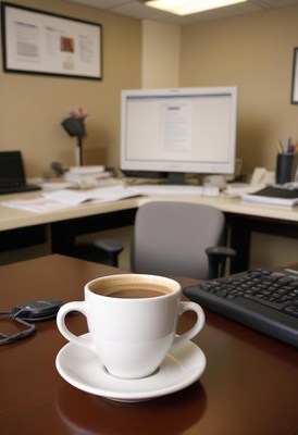 Coffee cup on desk in an office setting during the day