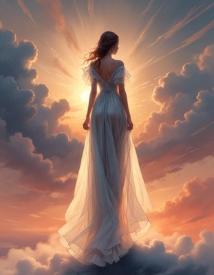 Woman in flowing dress standing against a radiant sky