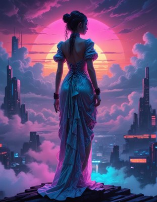 Woman in elegant dress admires vibrant sunset skyline