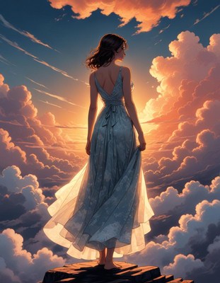 Woman in flowing dress gazes at sunset over clouds