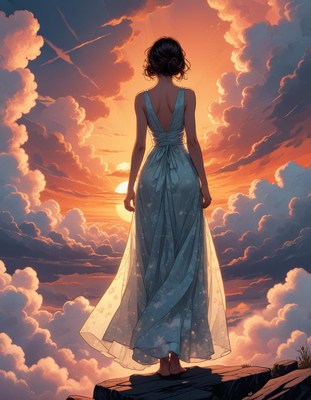 Woman in flowing dress admires colorful sunset sky