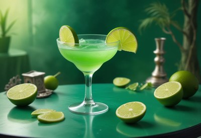 Refreshing green cocktail with lime garnishes on display