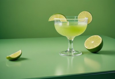 Green cocktail garnished with lime on green surface