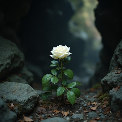 White rose blooming in a rocky landscape