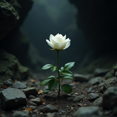 White rose blooming in rocky terrain under soft light