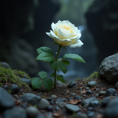 White rose blooming in a rocky, misty environment