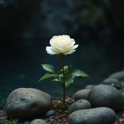 White rose growing beside stones in a tranquil setting