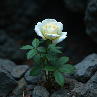 White rose blooming among rocks in a serene setting
