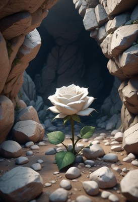 White rose growing in a rocky cave setting