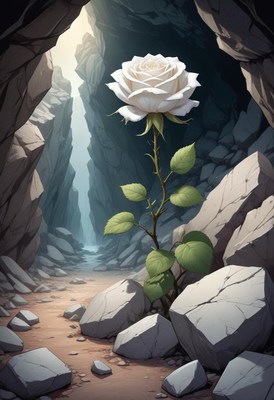 White rose blooming in a rocky cave at midday