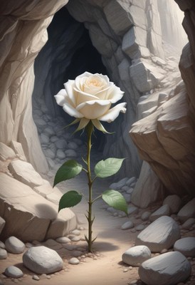 White rose blooms in a rocky cave