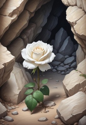 White rose blooming in cave with rocks and pebbles