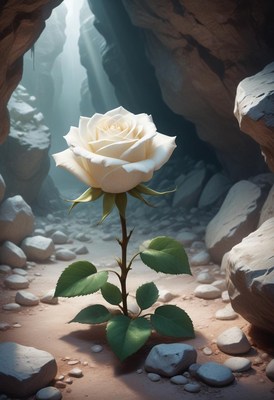 White rose blooming in a rocky cave