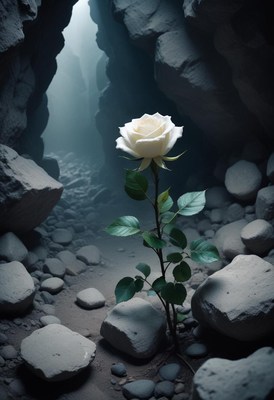 White rose blooming in rocky cave environment